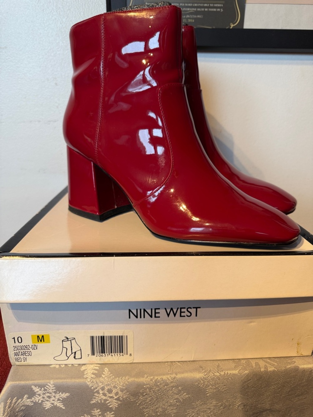 Nine West Red Patent Block Heel Ankle Booties